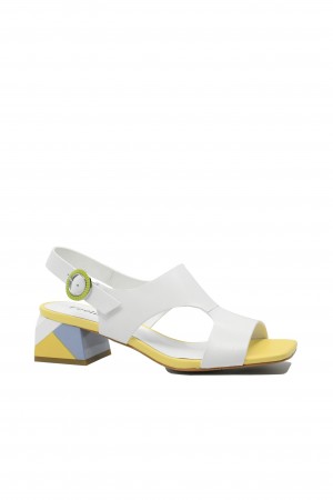Sandale elegante Feeling albe din piele naturală, cu toc mozaic FLGMH003