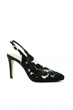 Pantofi decupați Menbur, negri cu toc stiletto și model floral cu cristale MEN23640
