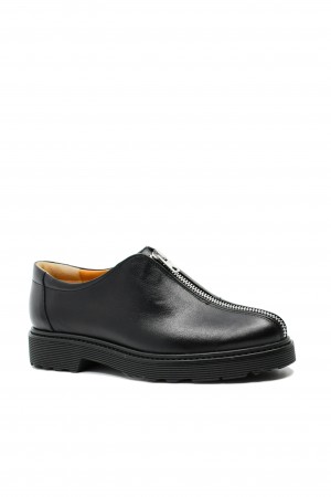 Pantofi damă din piele naturală, negri, cu fermoar metalic în față  LF285-1