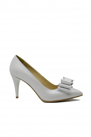Pantofi stiletto Catinca, alb sidefat, cu fundiță, din piele naturală SORA15