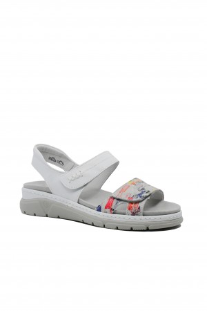 Sandale damă comode Suave, alb cu imprimeu, din piele naturală OTR12500