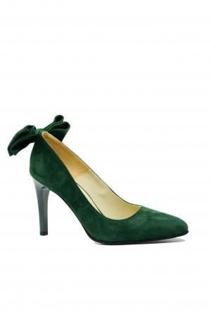 Pantofi stiletto verzi din piele întoarsă cu fundiță la spate FICP-062VE