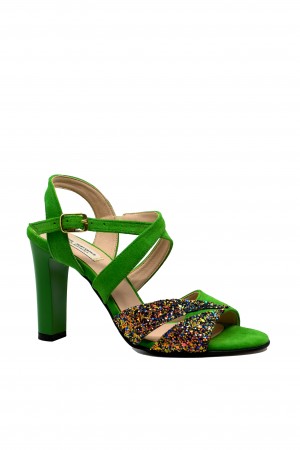 Sandale damă elegante cu toc înalt, din velur verde și glitter SAV1317/15